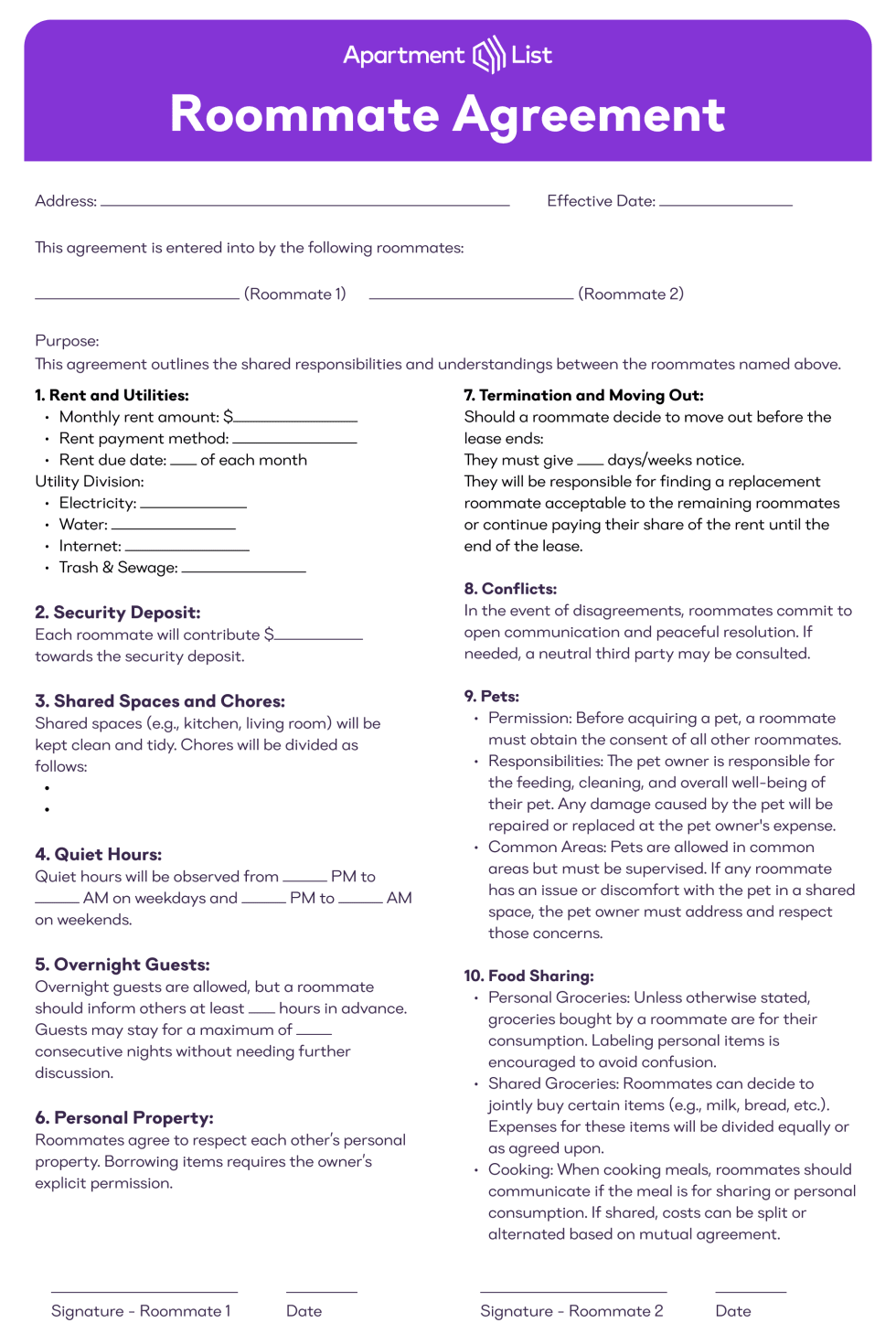 sample roommate agreement template sample roommate agreement template