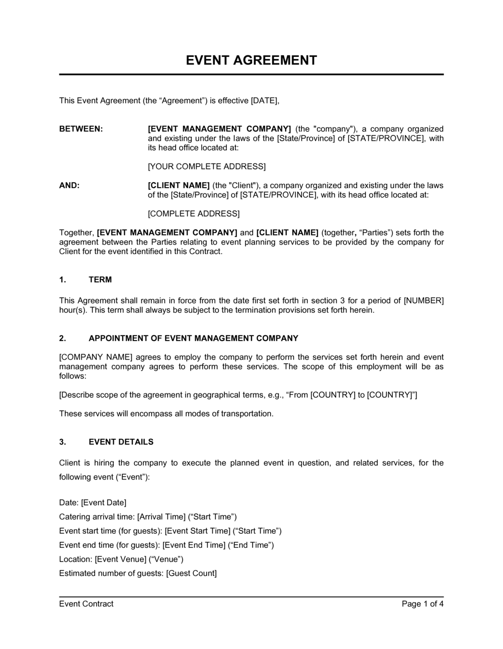 sample event planning agreement template sample event planning agreement template