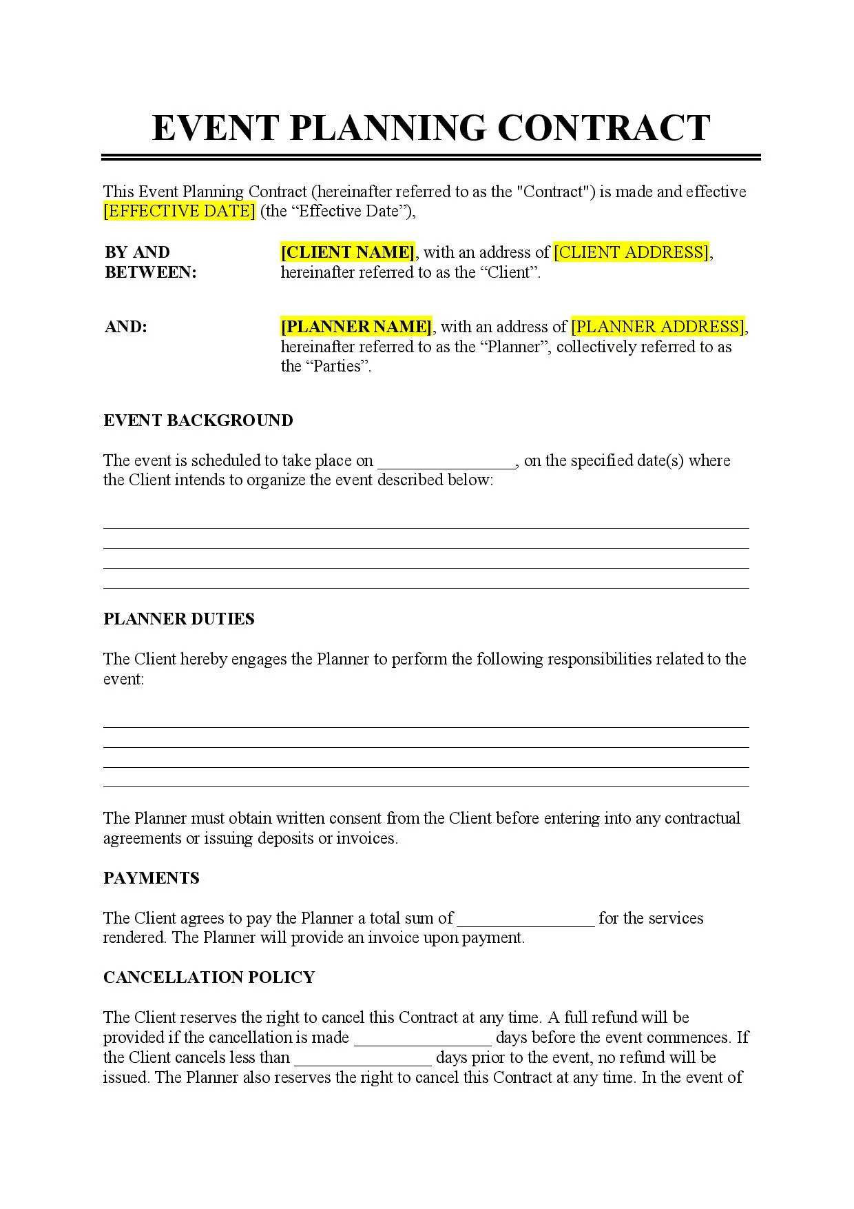 sample event planning agreement template sample event planning agreement template