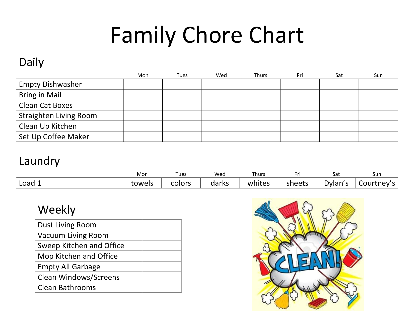 example of family chores chart template example of family chores chart template