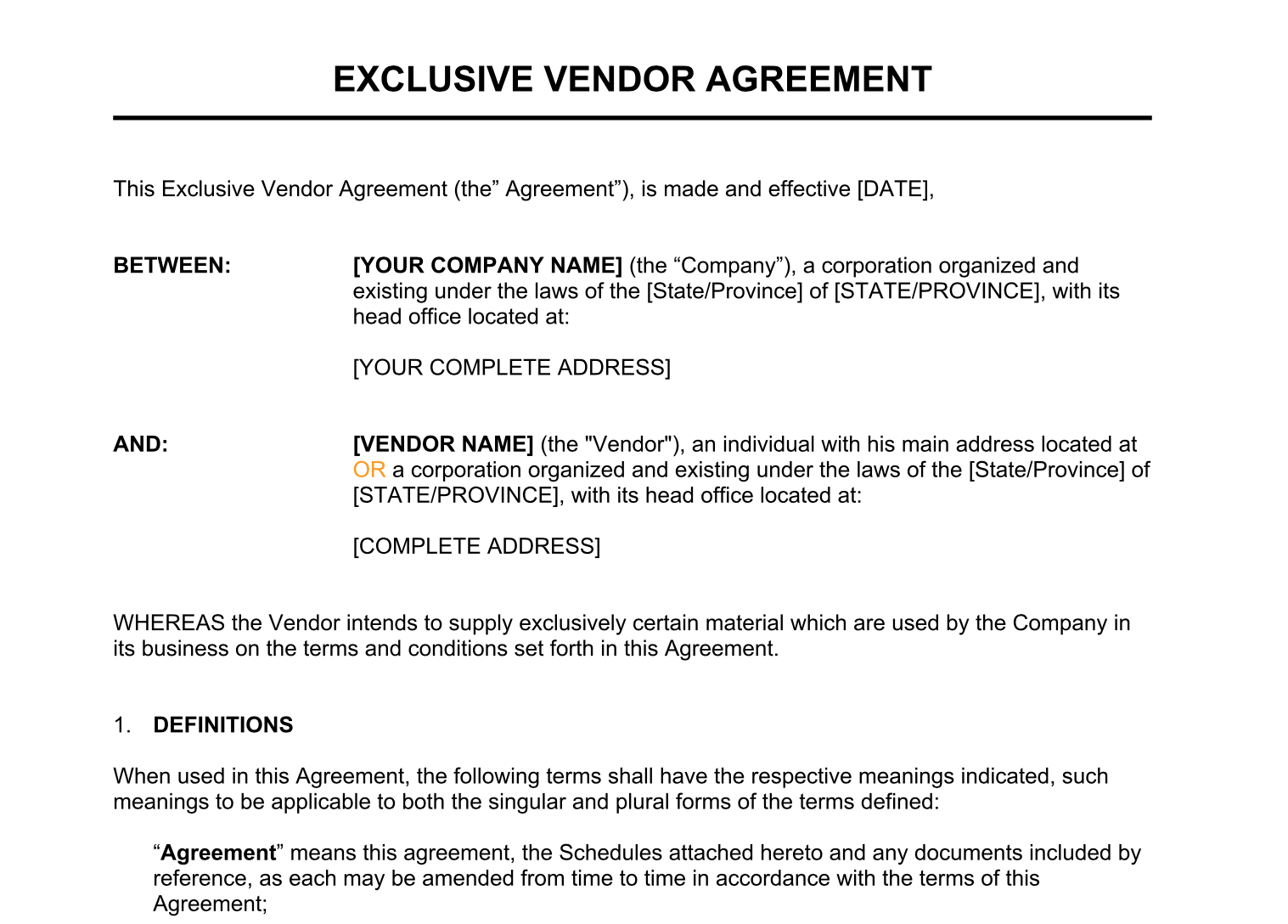 sample Vendor Agreement Template sample Vendor Agreement Template