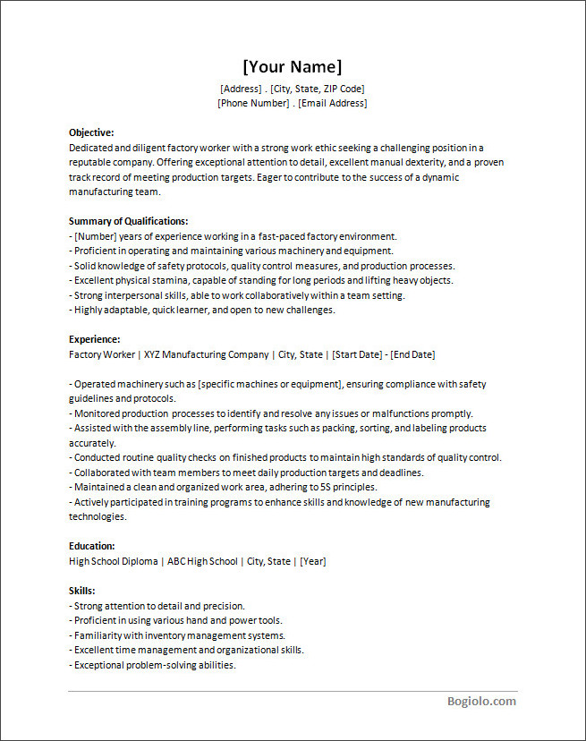 factory worker resume template Step-by-step walkthrough of populating details in a factory worker resume template