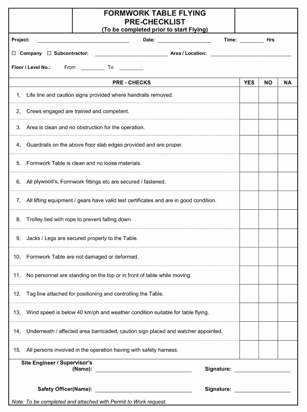 Formwork Table Pre-Flying Construction Checklist - Construction Documents and Templates Formwork Table Pre-Flying Construction Checklist - Construction Documents and Templates