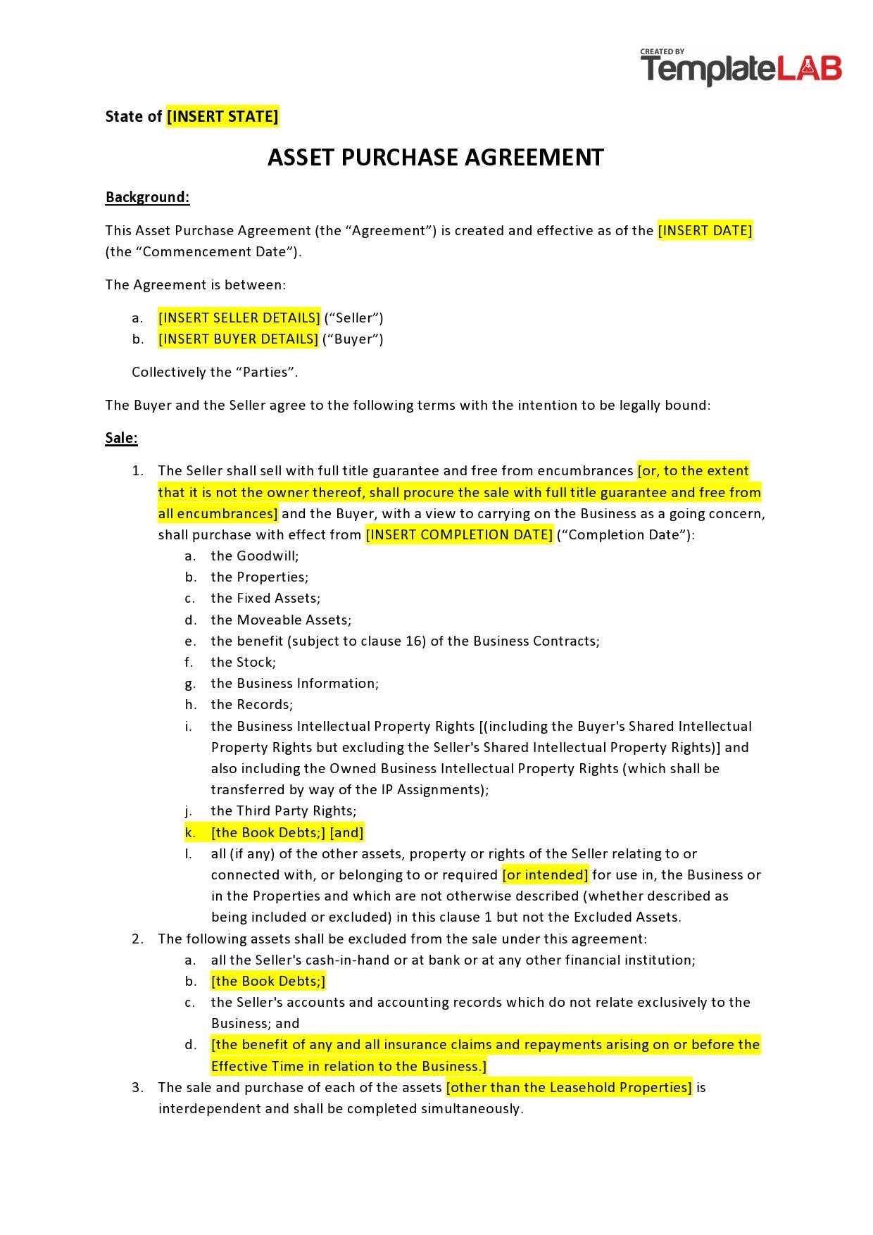 sample asset purchase agreement template sample asset purchase agreement template