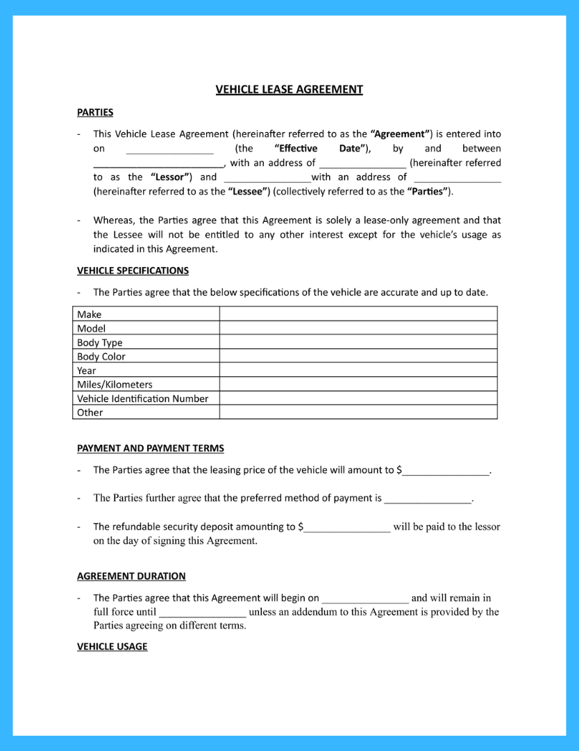 sample car lease agreement template sample car lease agreement template