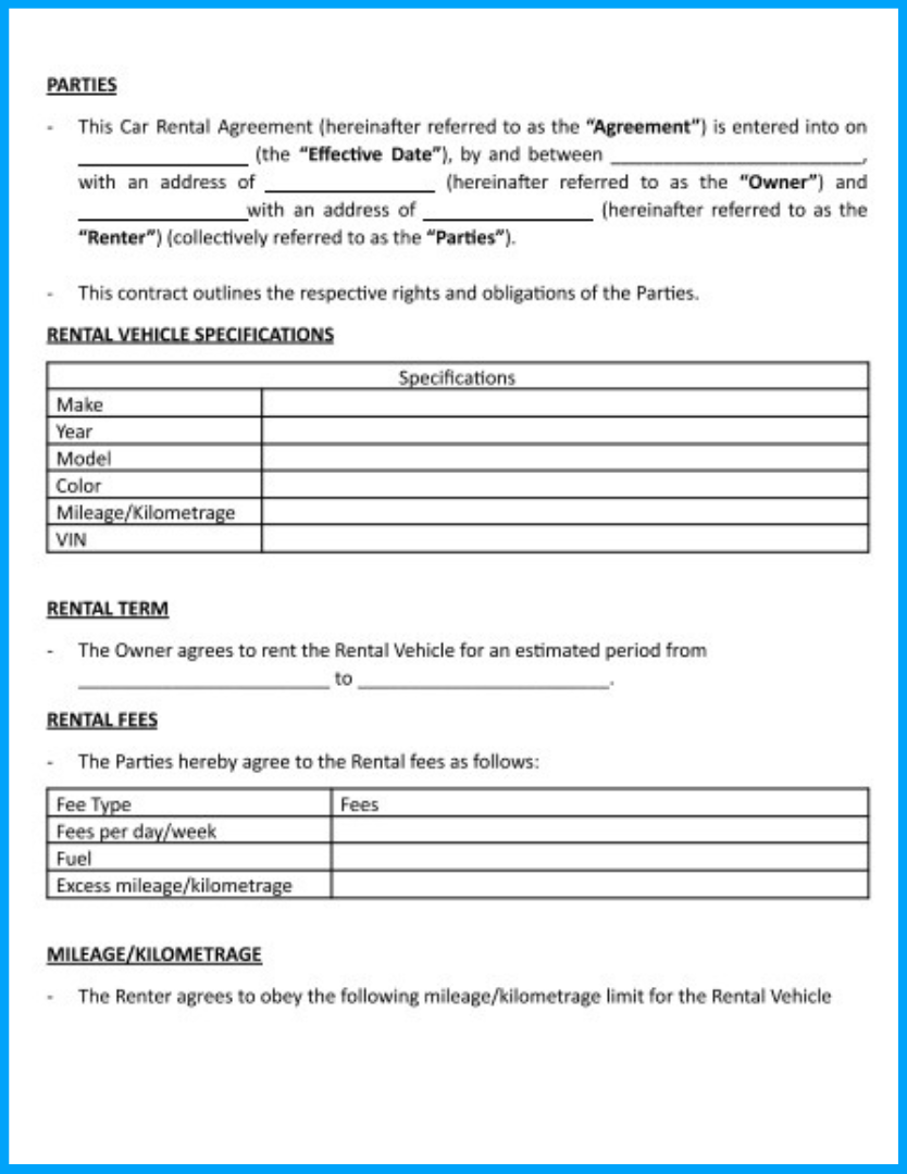 sample car rent agreement template sample car rent agreement template