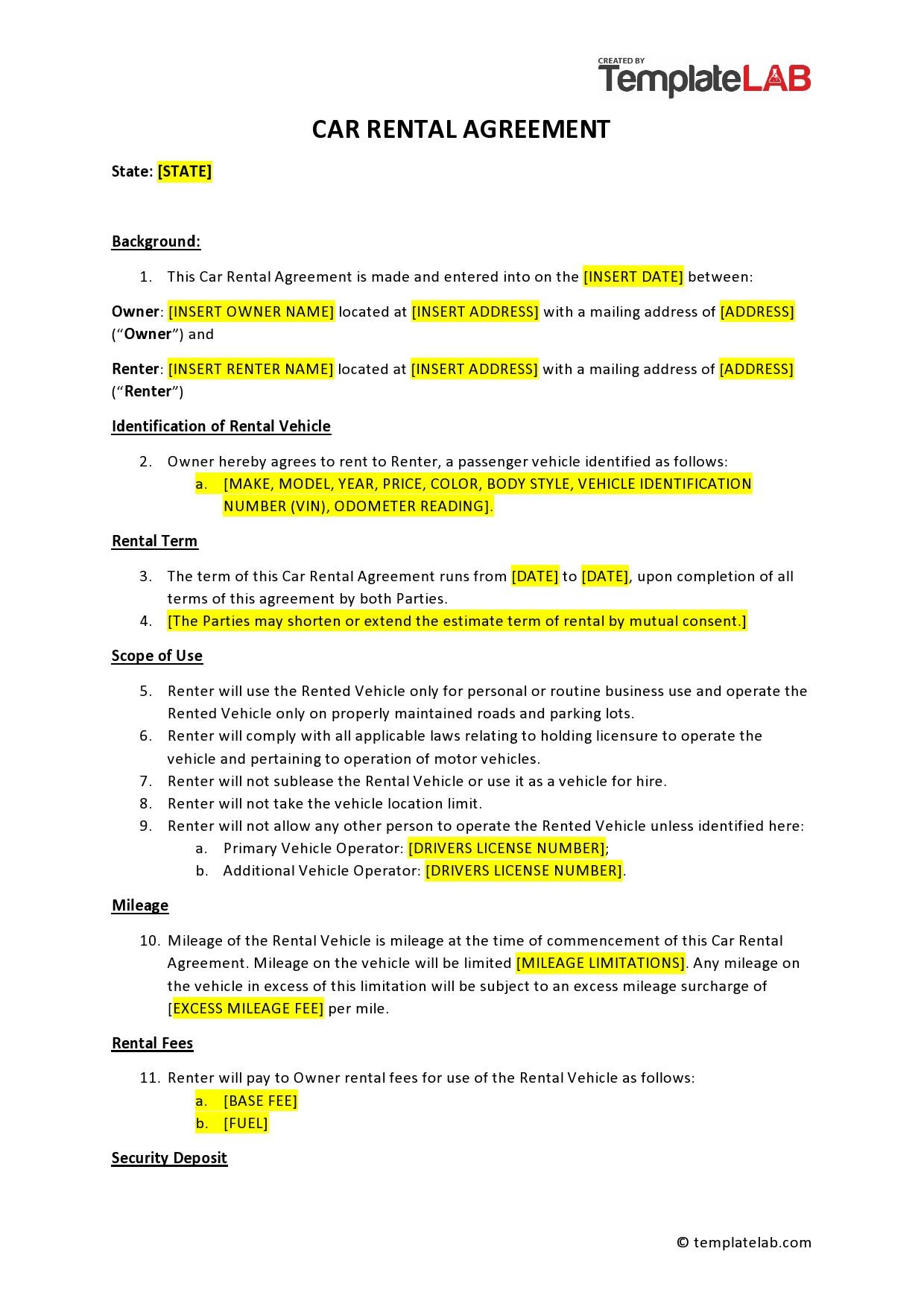 sample car rent agreement template sample car rent agreement template