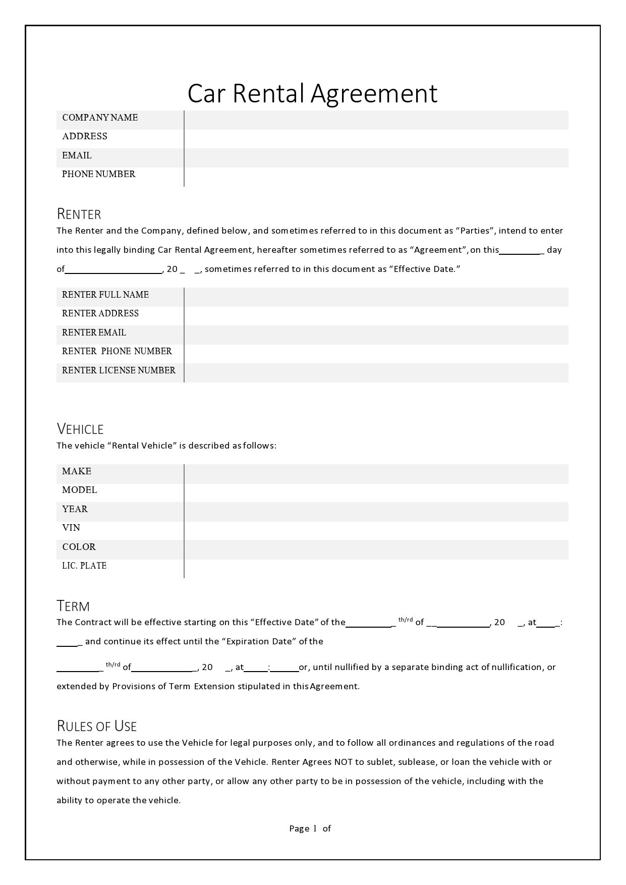 sample car rent agreement template sample car rent agreement template