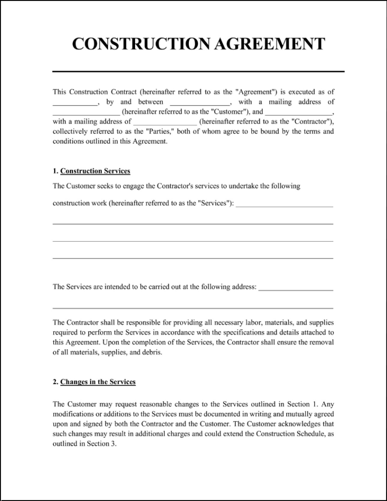 sample construction agreement template sample construction agreement template