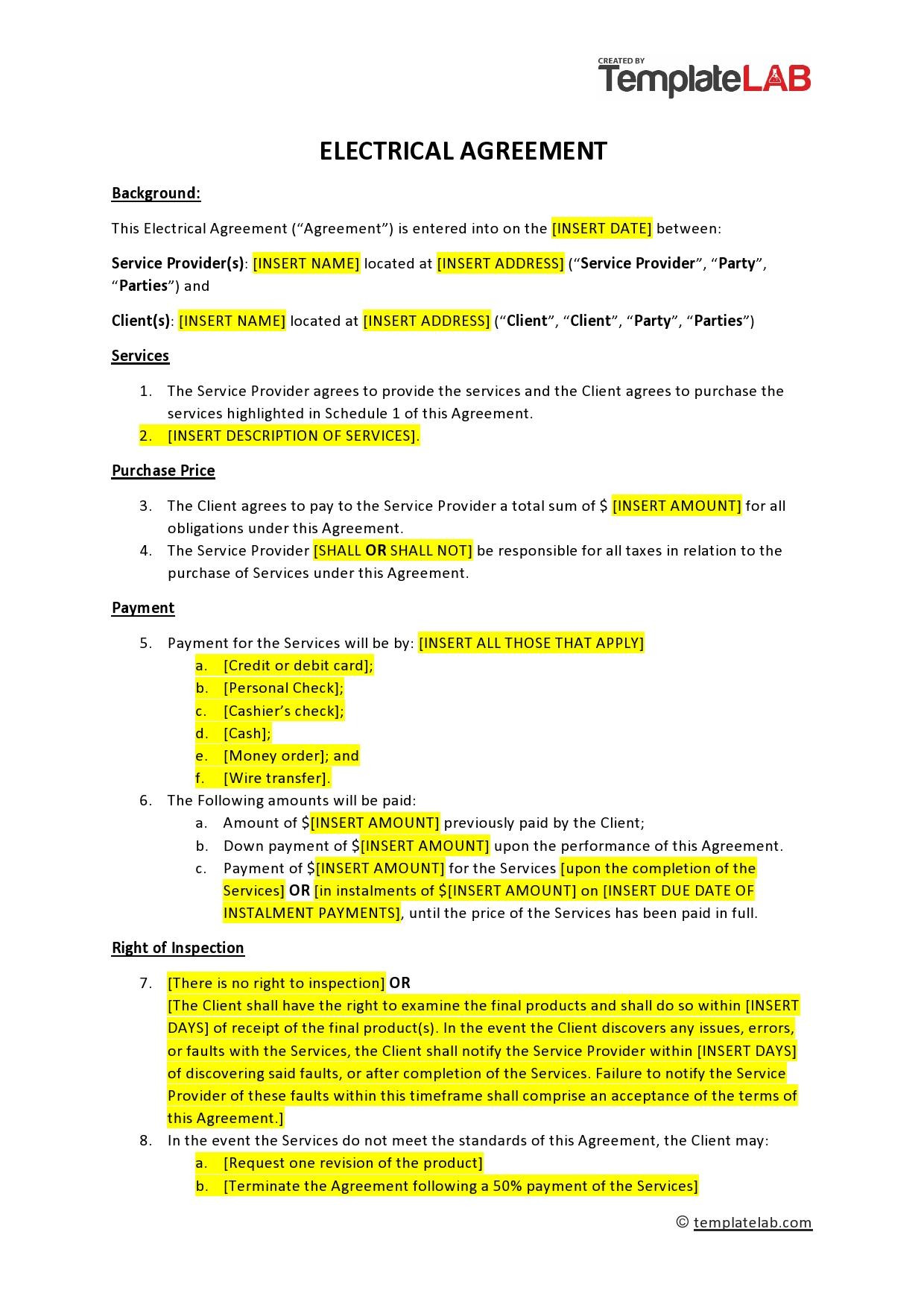 sample electrical contract agreement template sample electrical contract agreement template