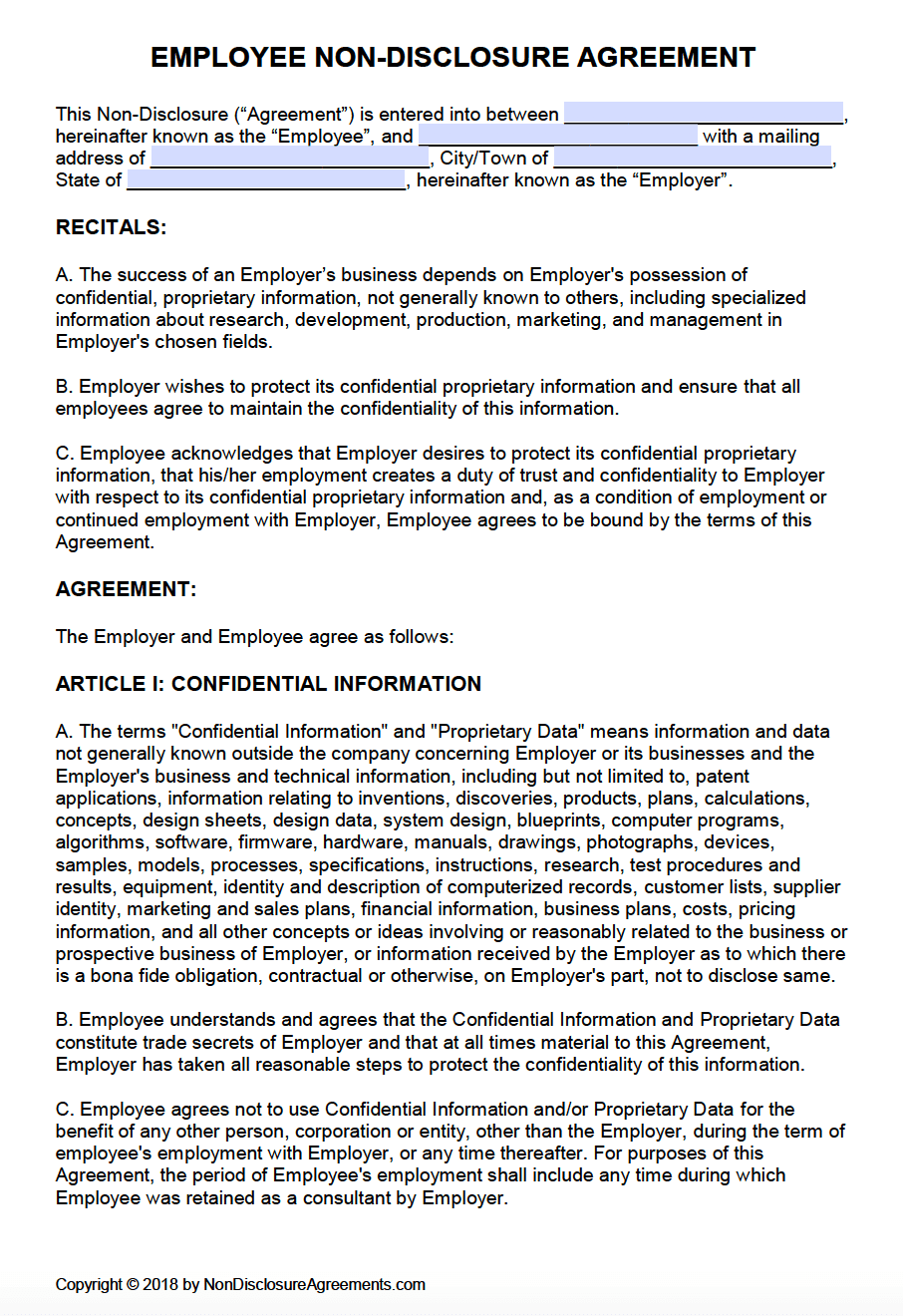 sample non disclosure agreement for employees template sample non disclosure agreement for employees template