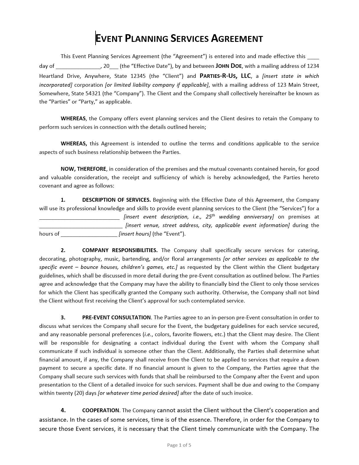 sample event planning agreement template sample event planning agreement template