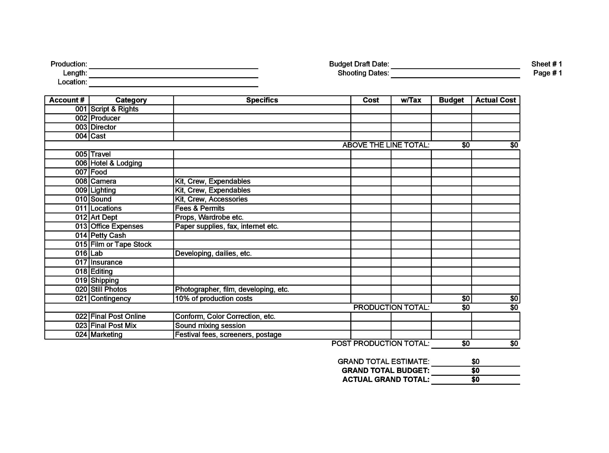 sample indie film budget template sample indie film budget template