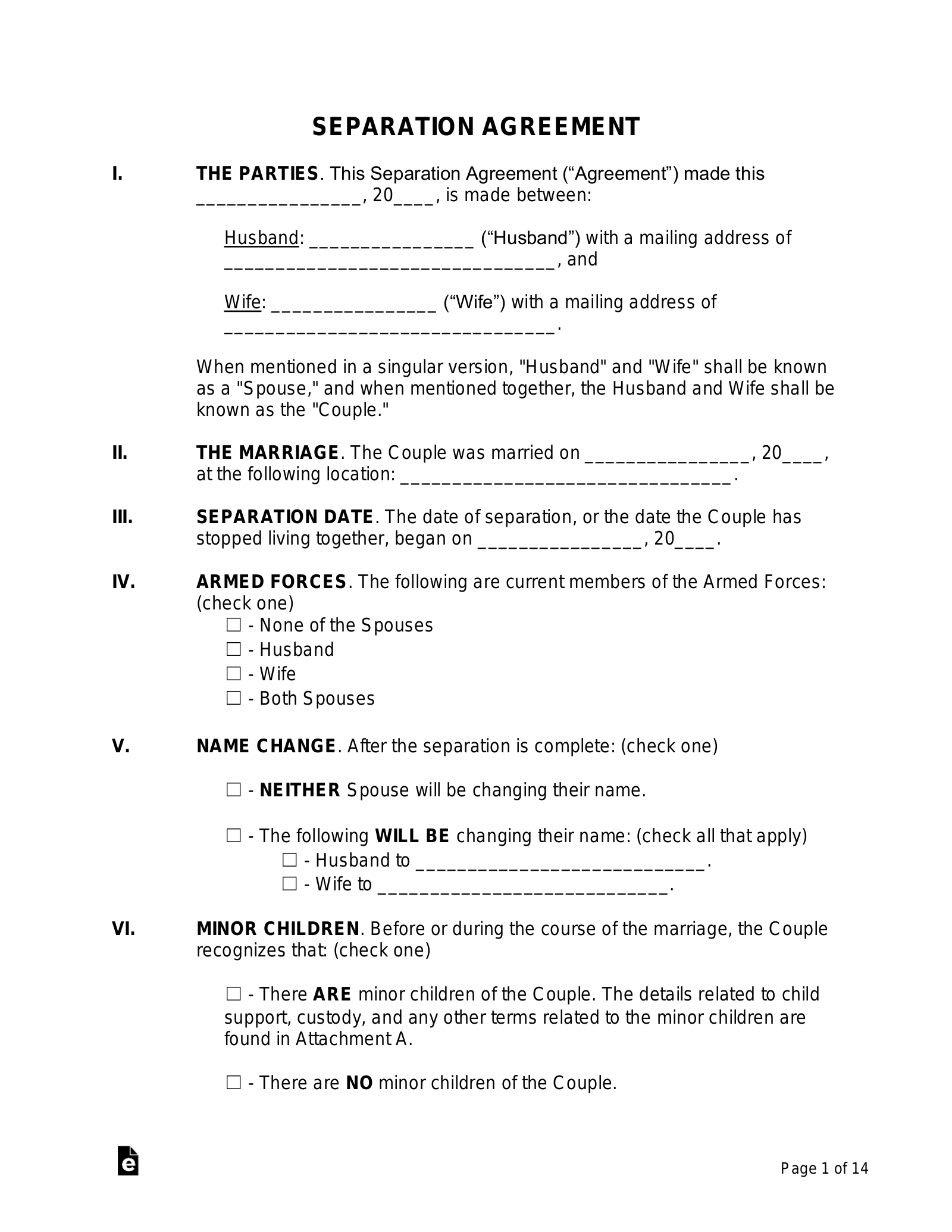 sample separate agreement template sample separate agreement template