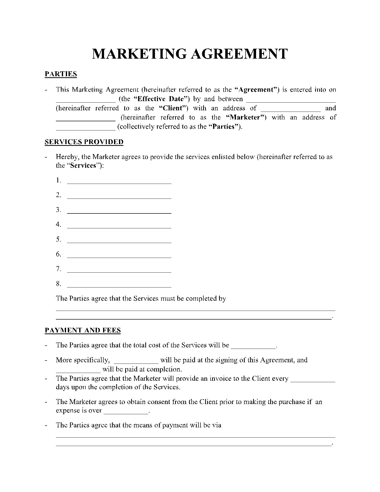 sample marketing agreement template sample marketing agreement template