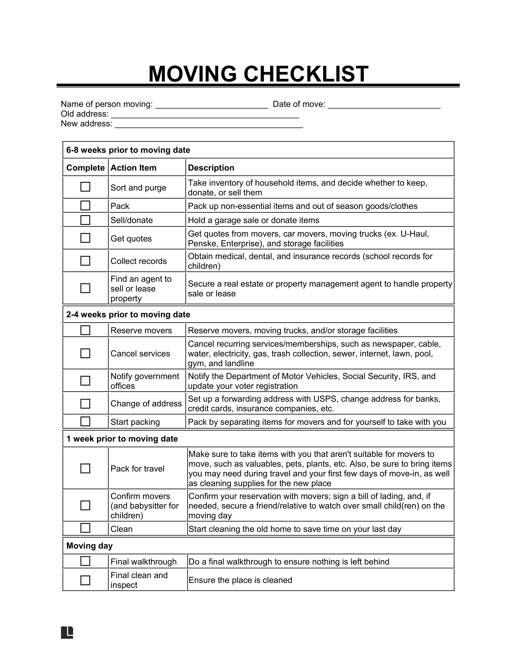 Free Moving Checklist Template PDF & Word Free Moving Checklist Template PDF & Word