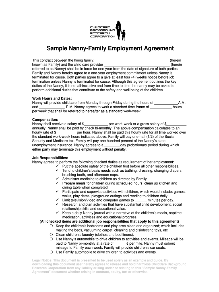 sample nanny agreement template sample nanny agreement template