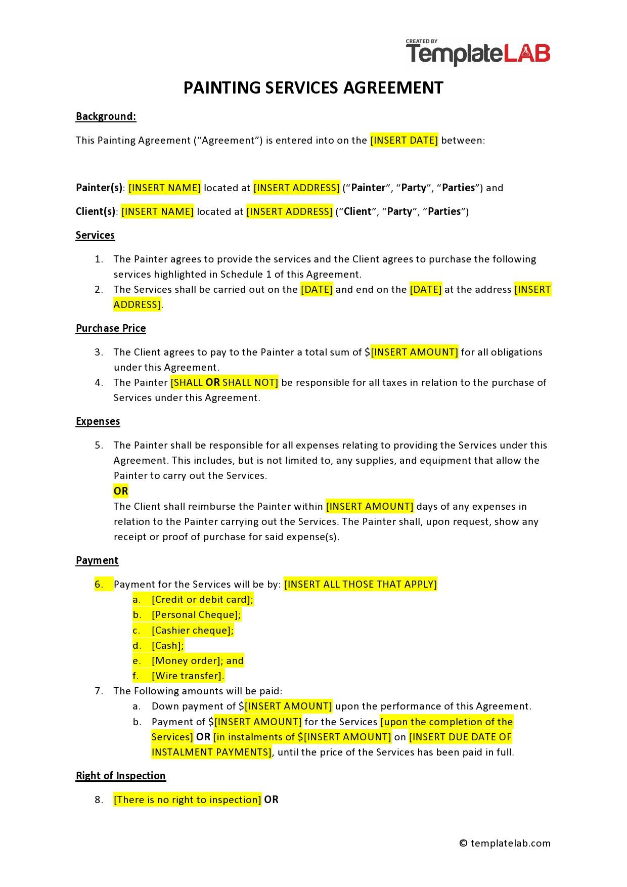 sample painting agreement template sample painting agreement template
