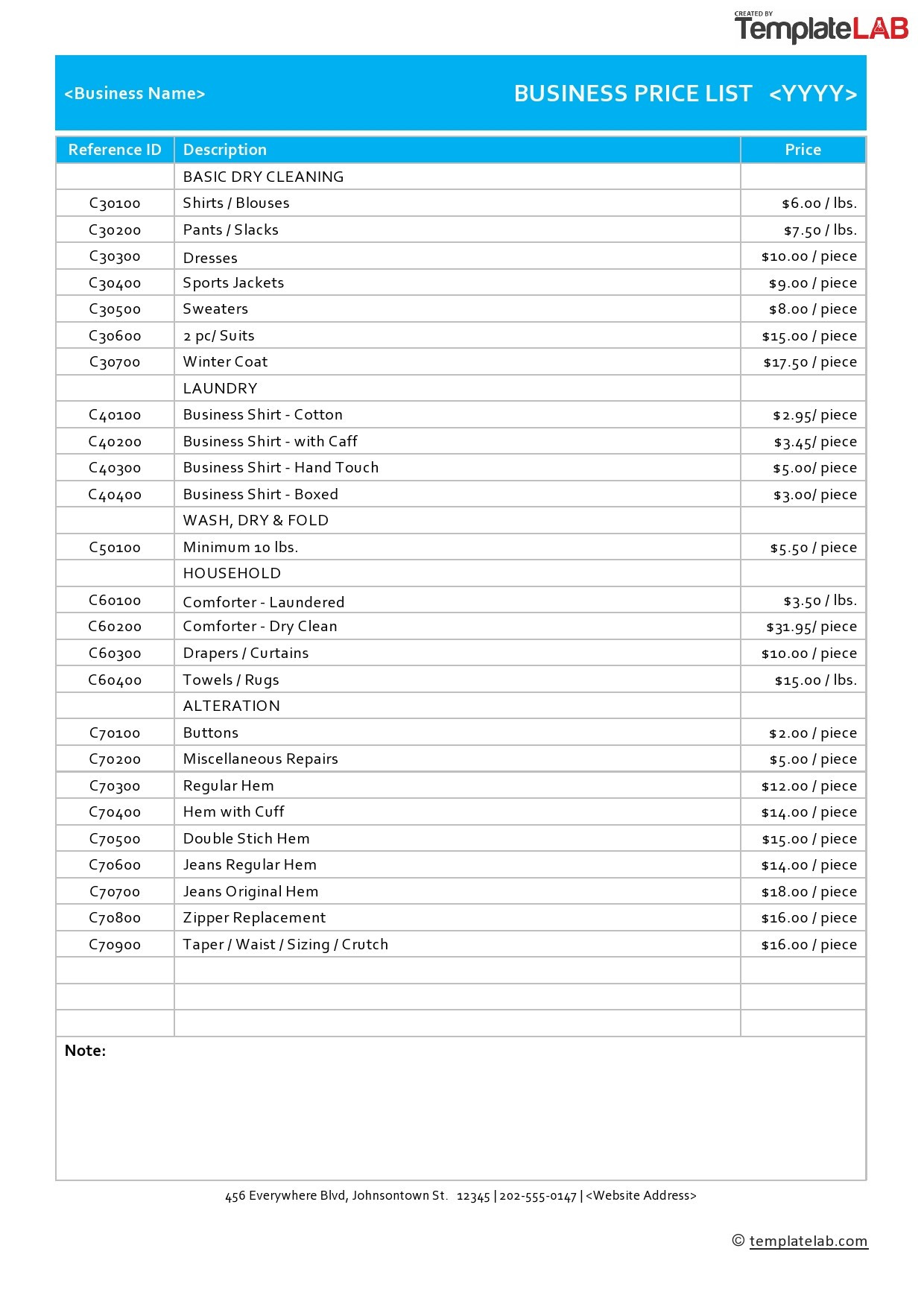 sample Electrical Price List Template sample Electrical Price List Template