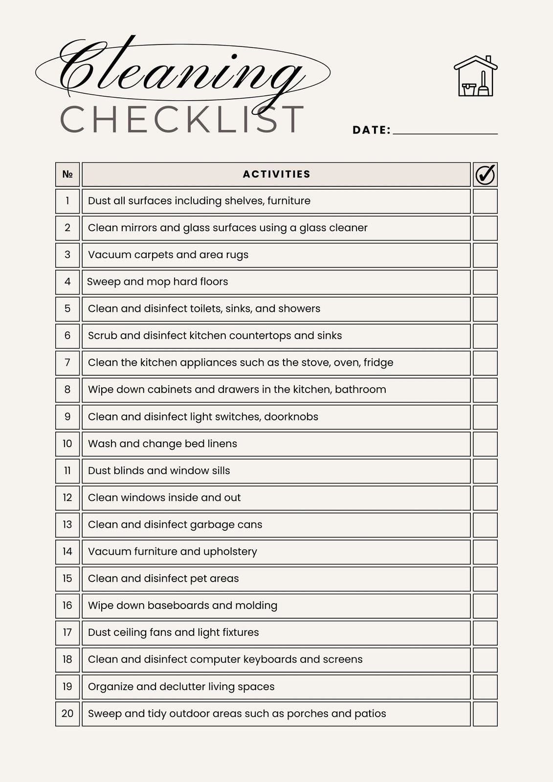 sample cleaning checklist template sample cleaning checklist template
