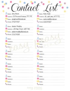free printable contact list