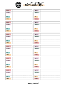 free printable contact list template