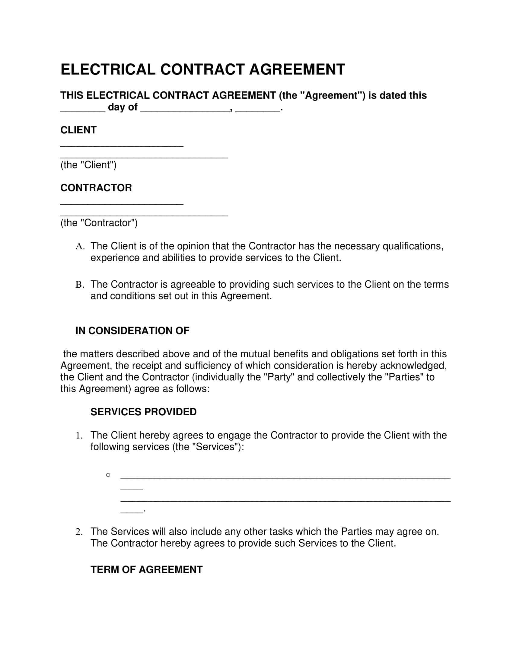 sample electrical contract agreement template sample electrical contract agreement template