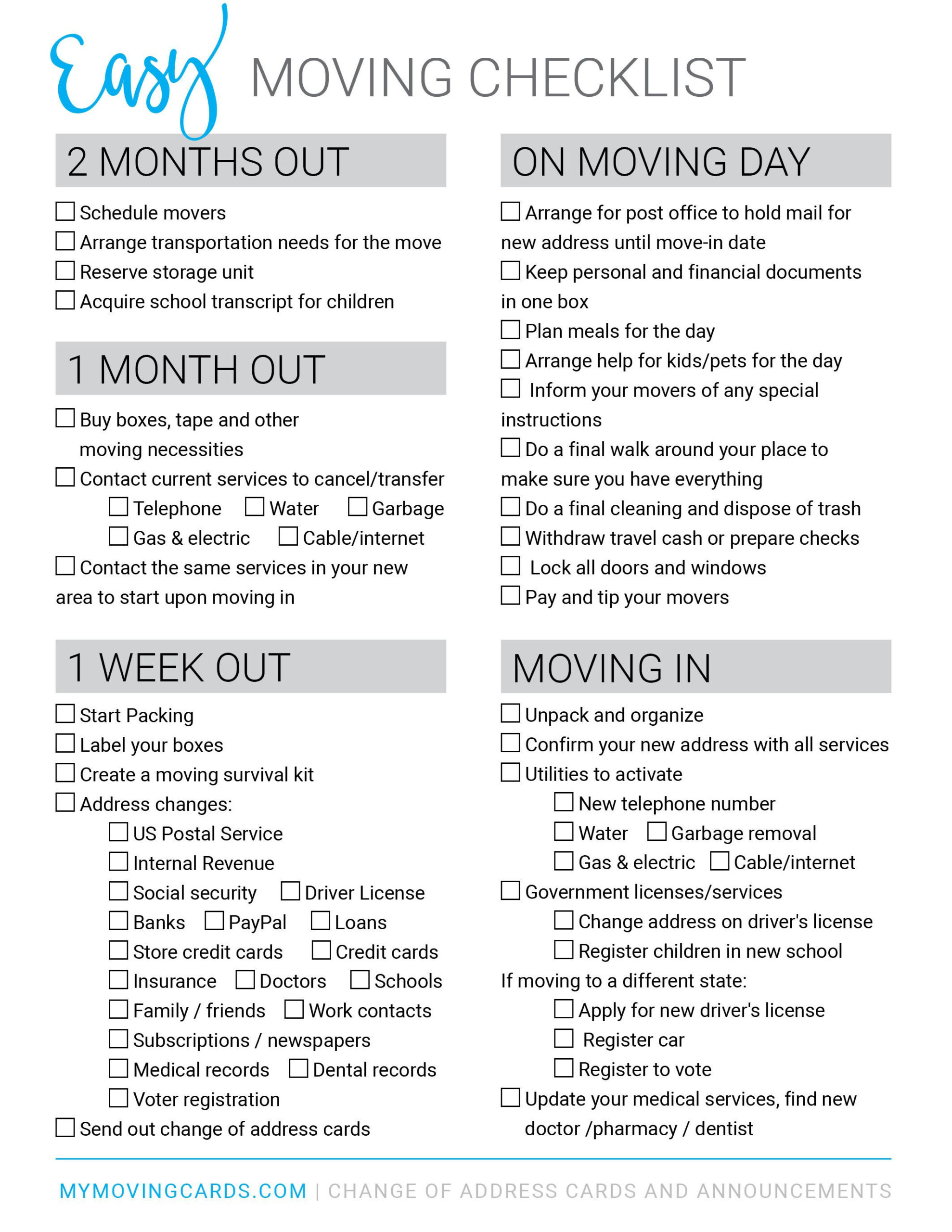 Free printable moving checklist Personalized Moving Cards Free printable moving checklist Personalized Moving Cards