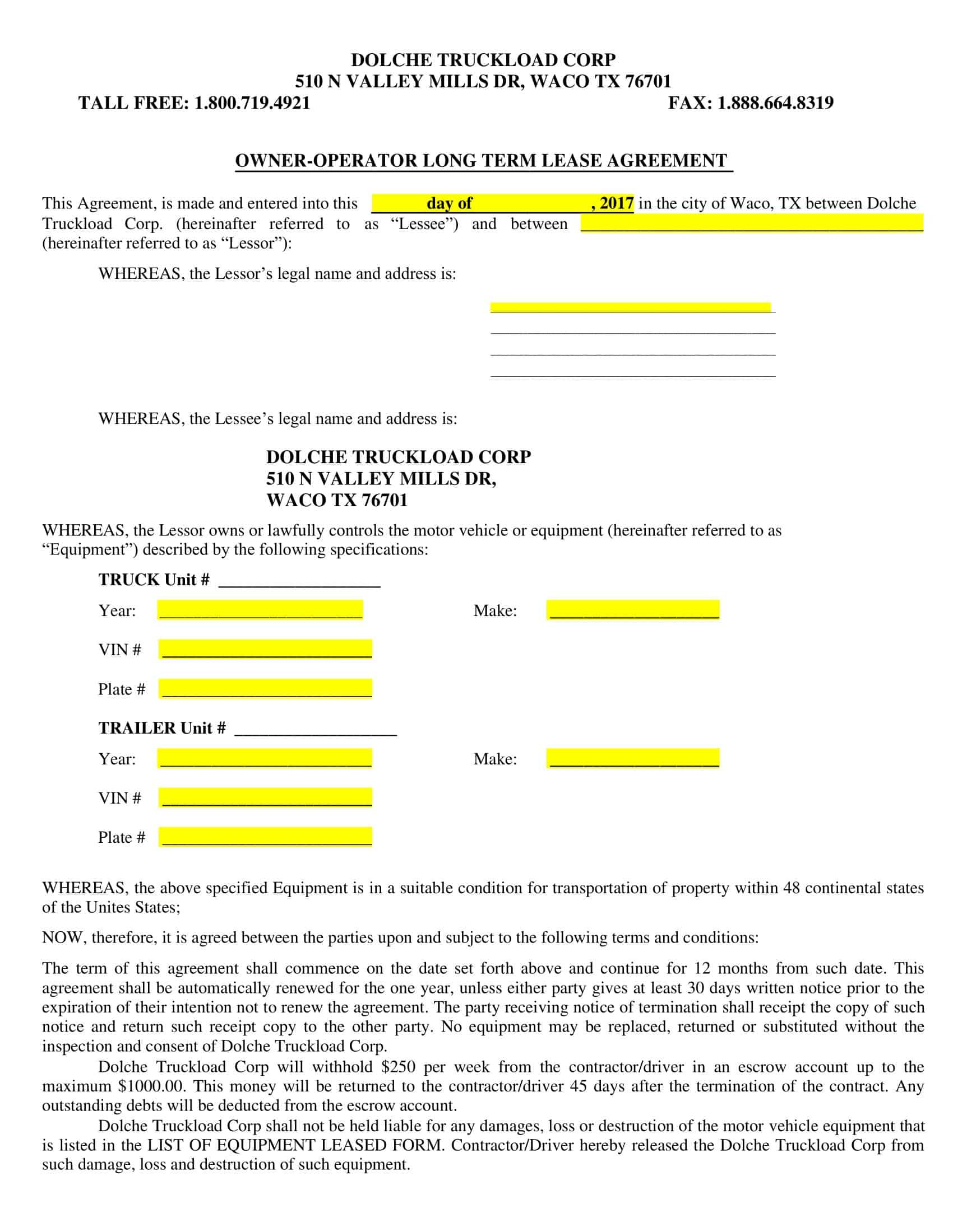 sample truck lease agreement template sample truck lease agreement template