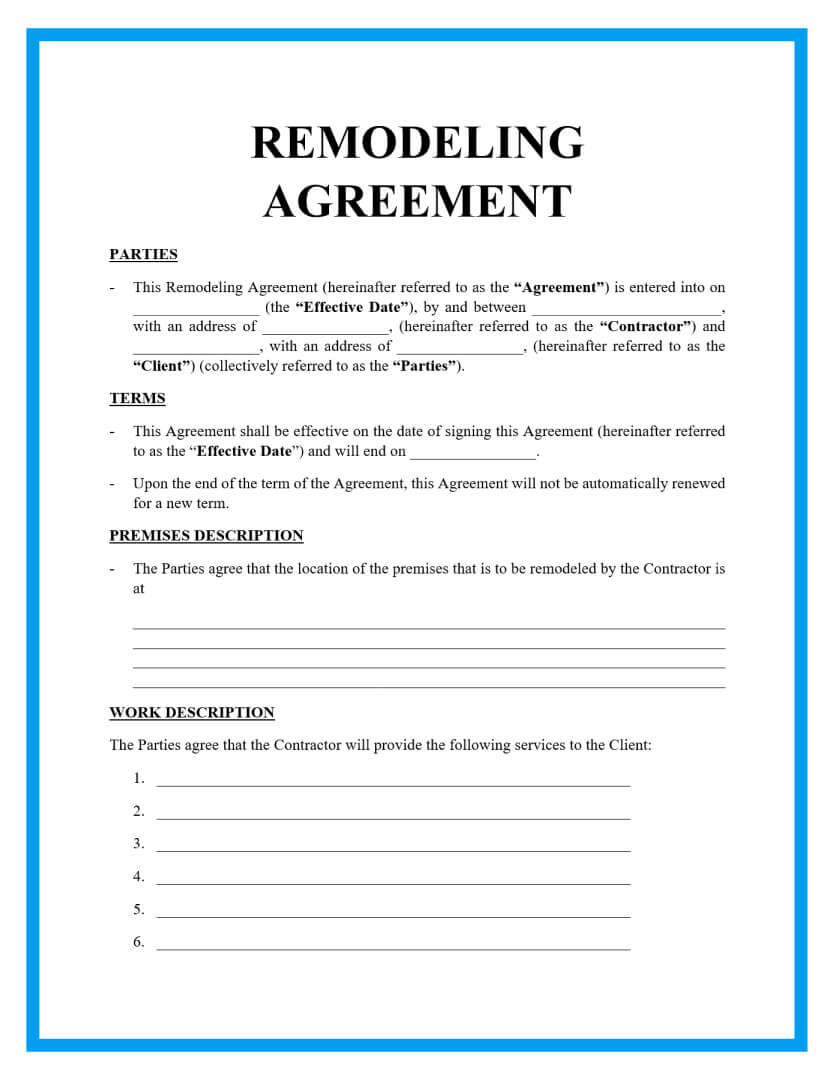sample renovation agreement template sample renovation agreement template