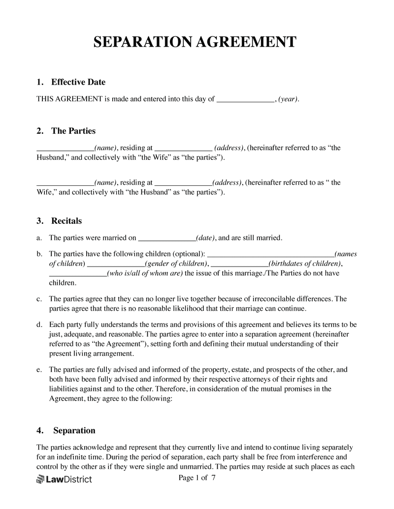 sample separate agreement template sample separate agreement template