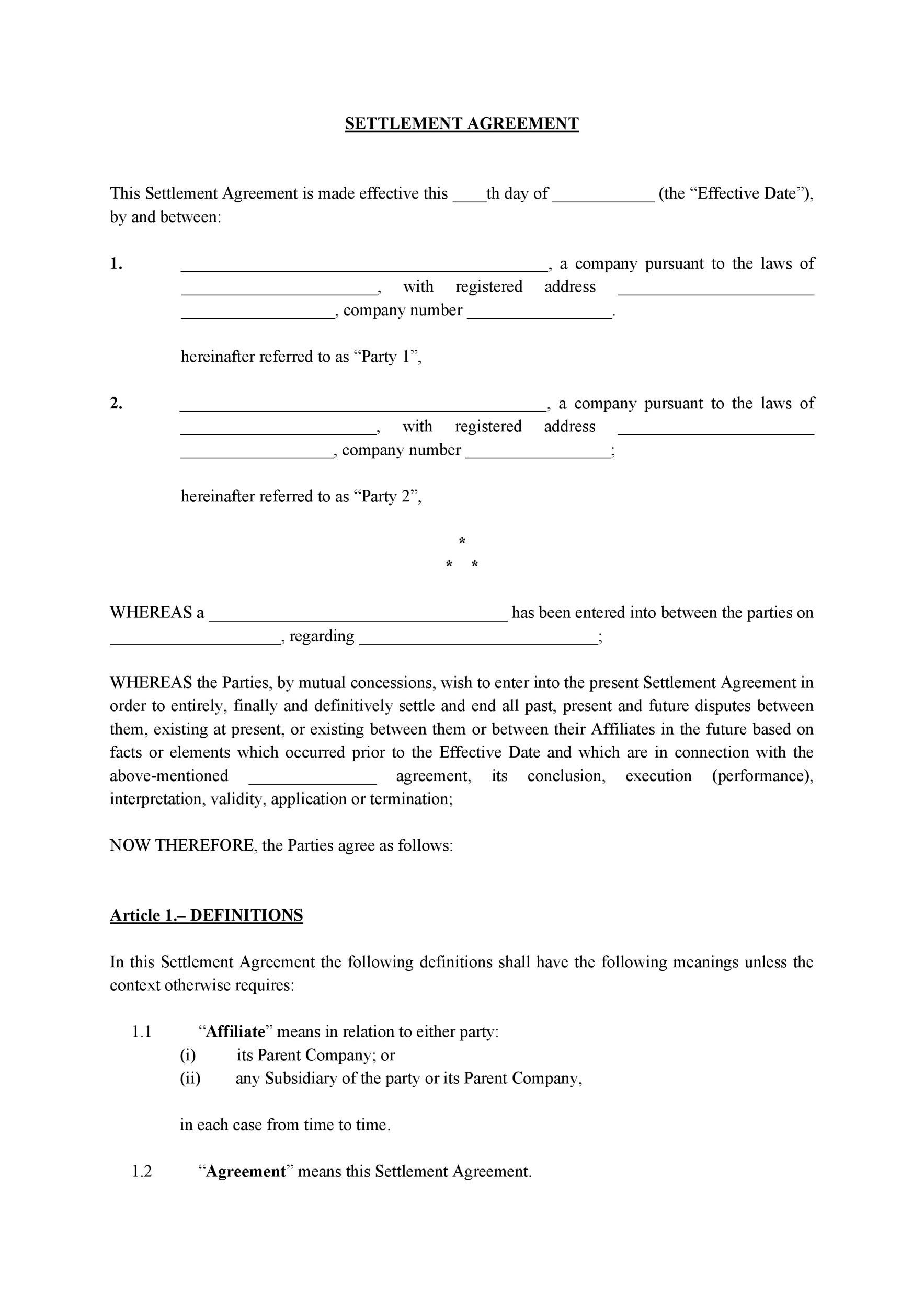 sample Settlement Agreement Template sample Settlement Agreement Template