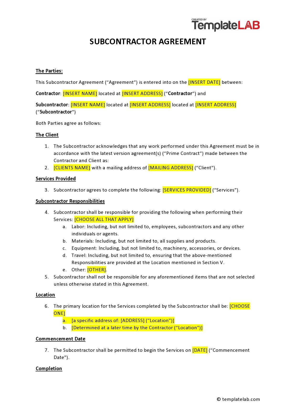 sample Sub Contractor Agreement Template sample Sub Contractor Agreement Template