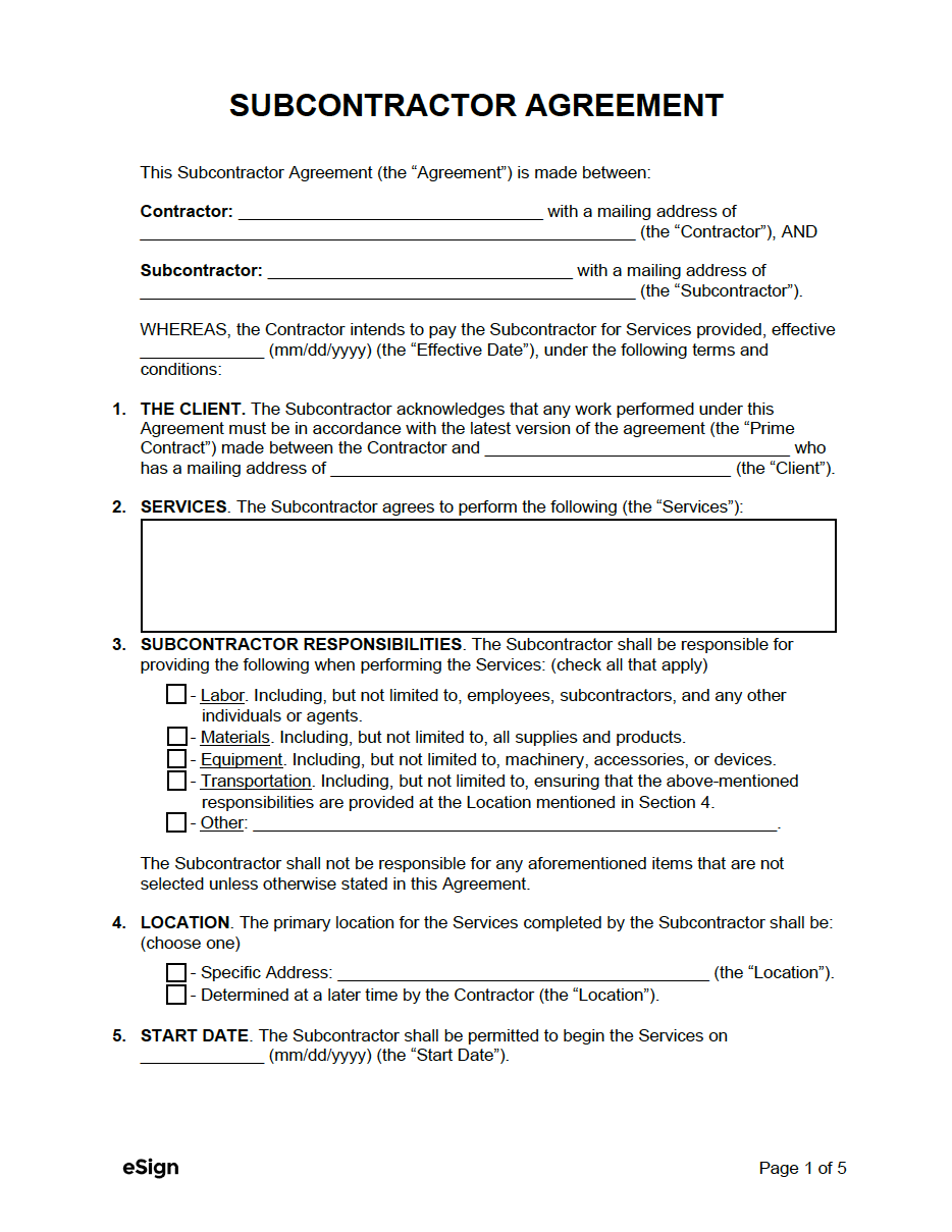 sample Sub Contractor Agreement Template sample Sub Contractor Agreement Template