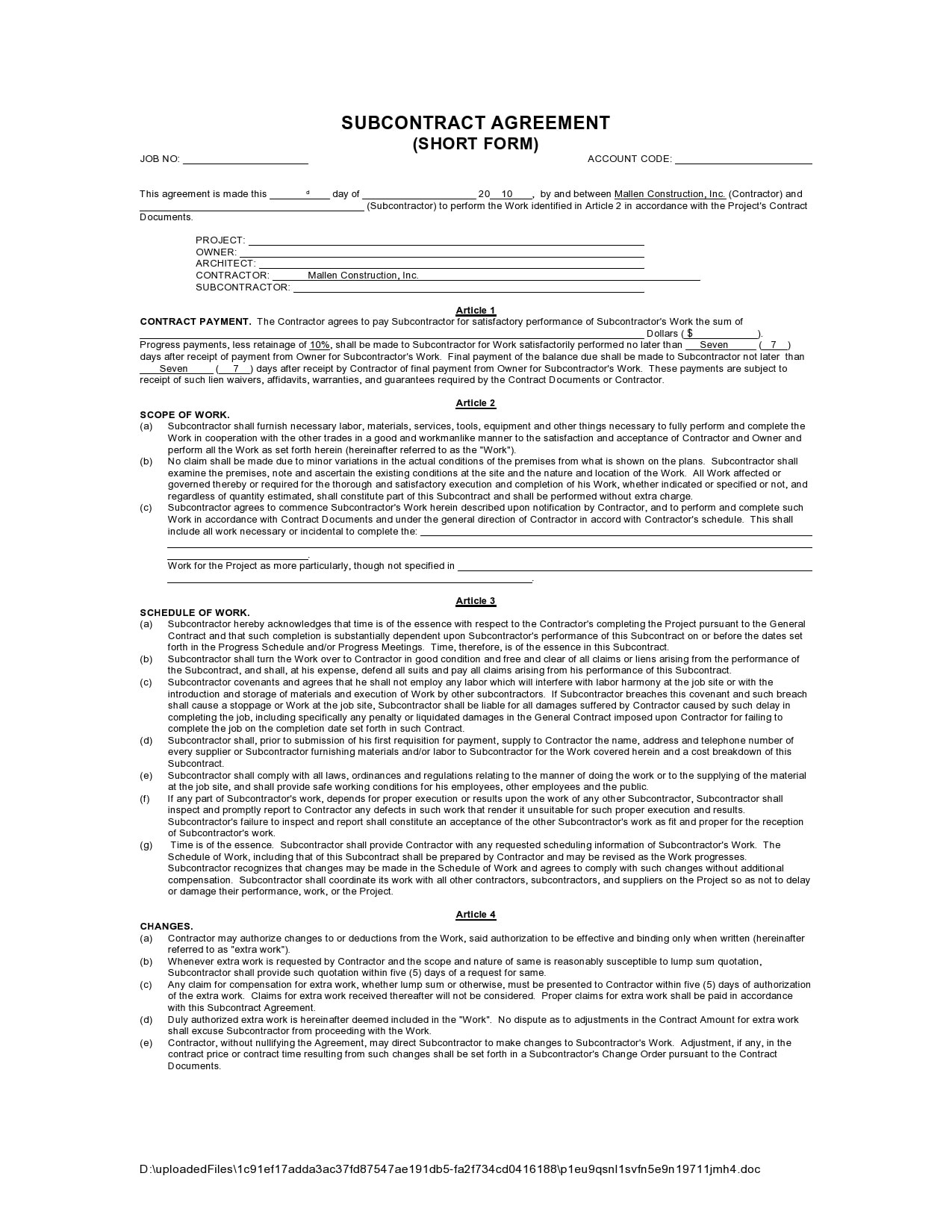 sample Sub Contractor Agreement Template sample Sub Contractor Agreement Template