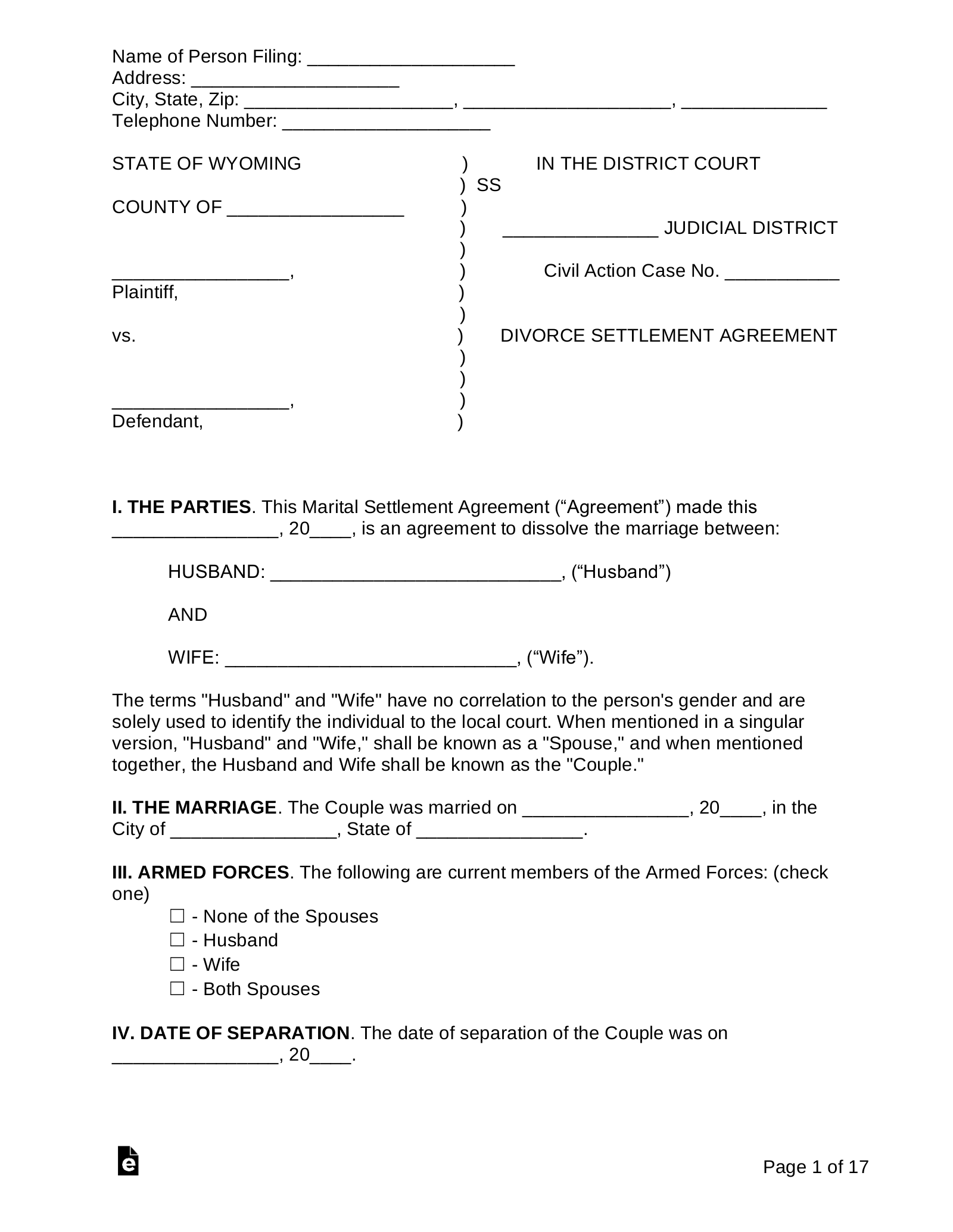 sample divorce agreement template sample divorce agreement template