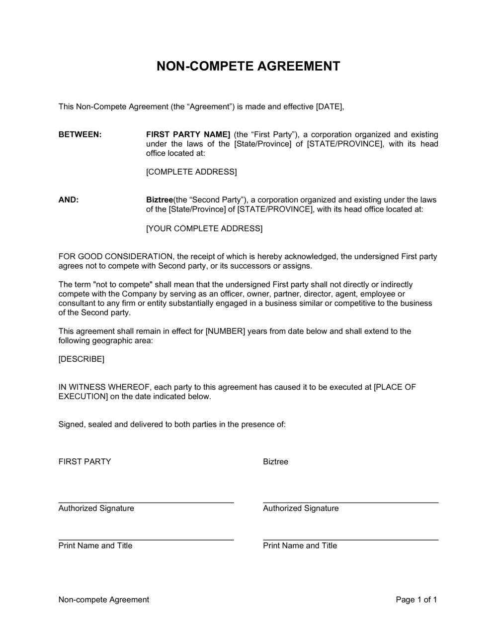 sample non competition agreement template sample non competition agreement template