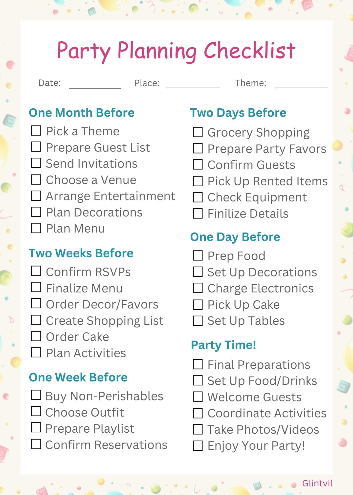 Glintvil Party Planning Checklist Glintvil Party Planning Checklist