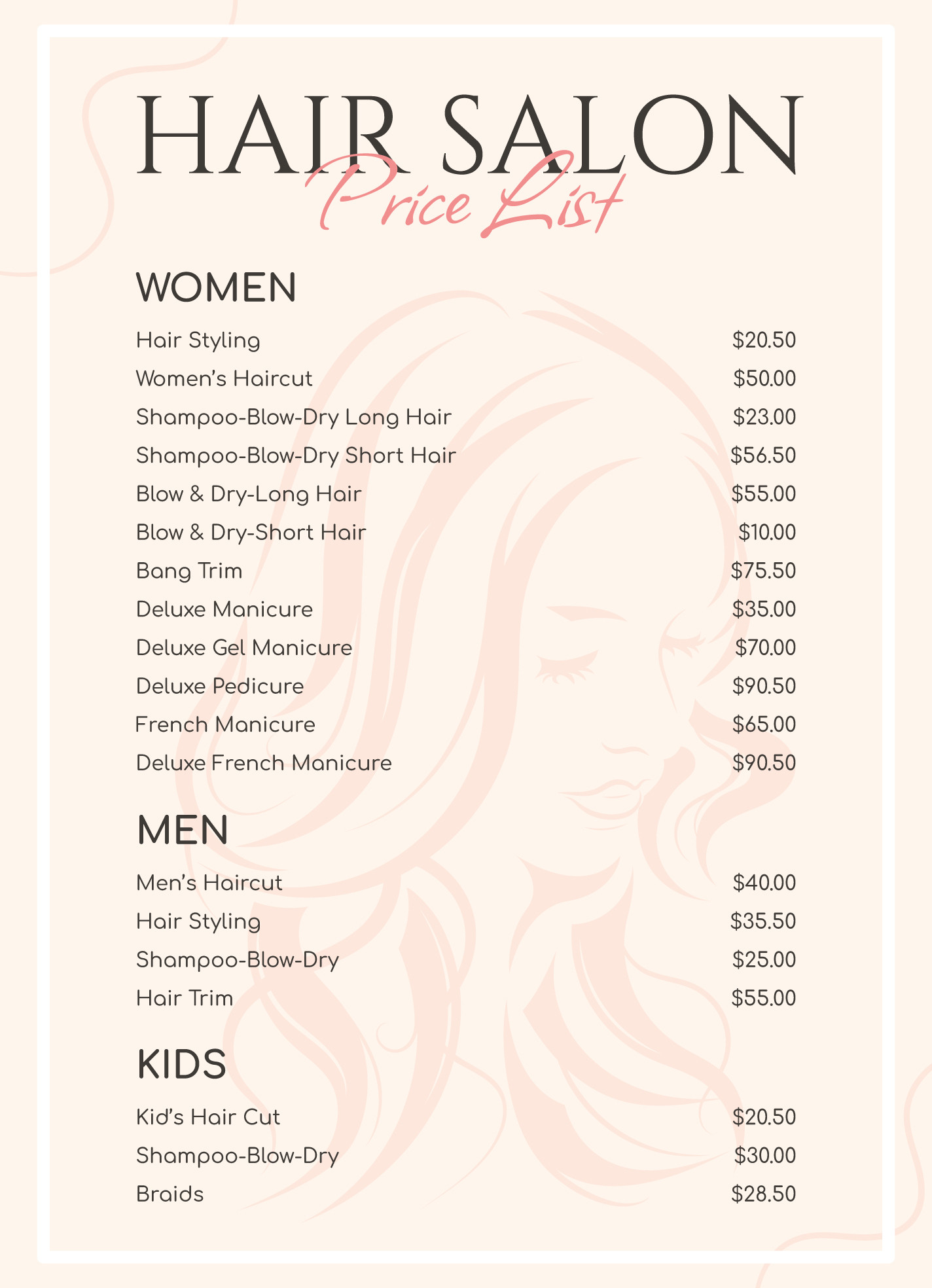 sample Hair Salon Price List Template sample Hair Salon Price List Template