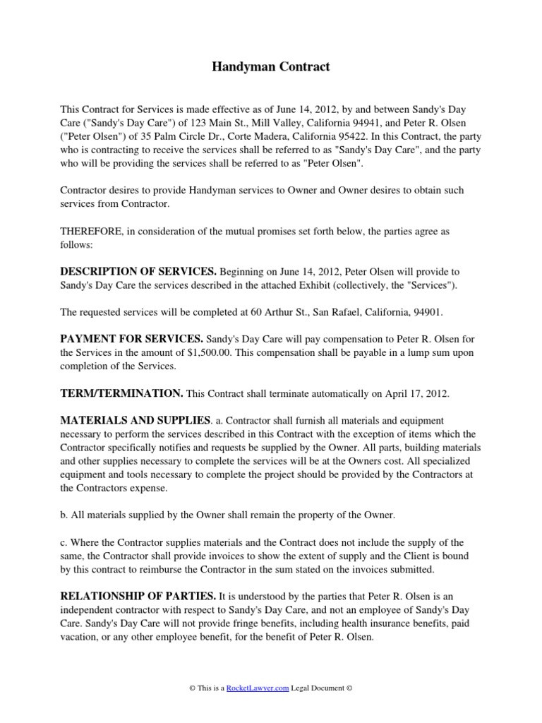 sample handyman agreement template sample handyman agreement template