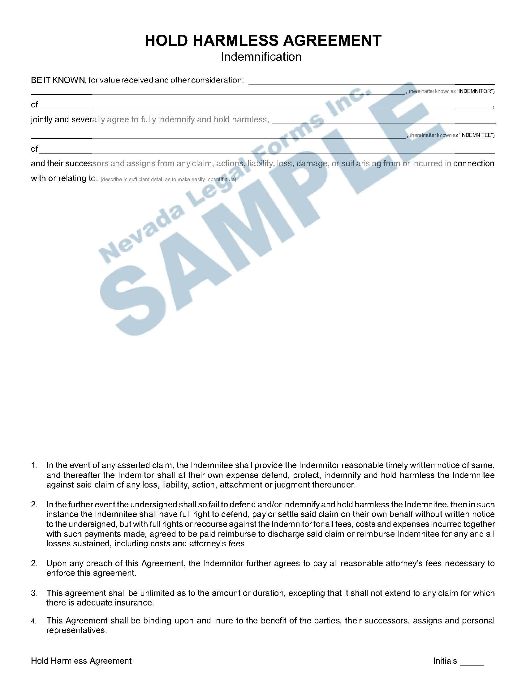 sample hold harmless agreement template sample hold harmless agreement template