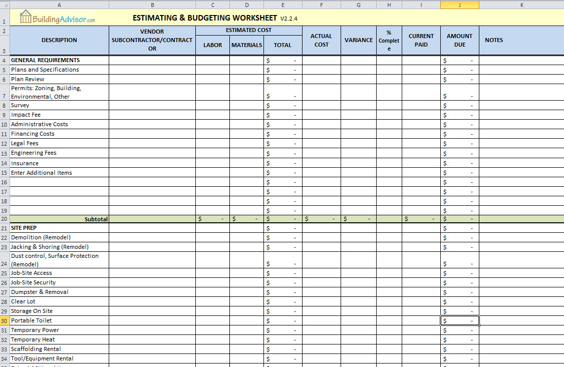 sample residential construction budget template sample residential construction budget template