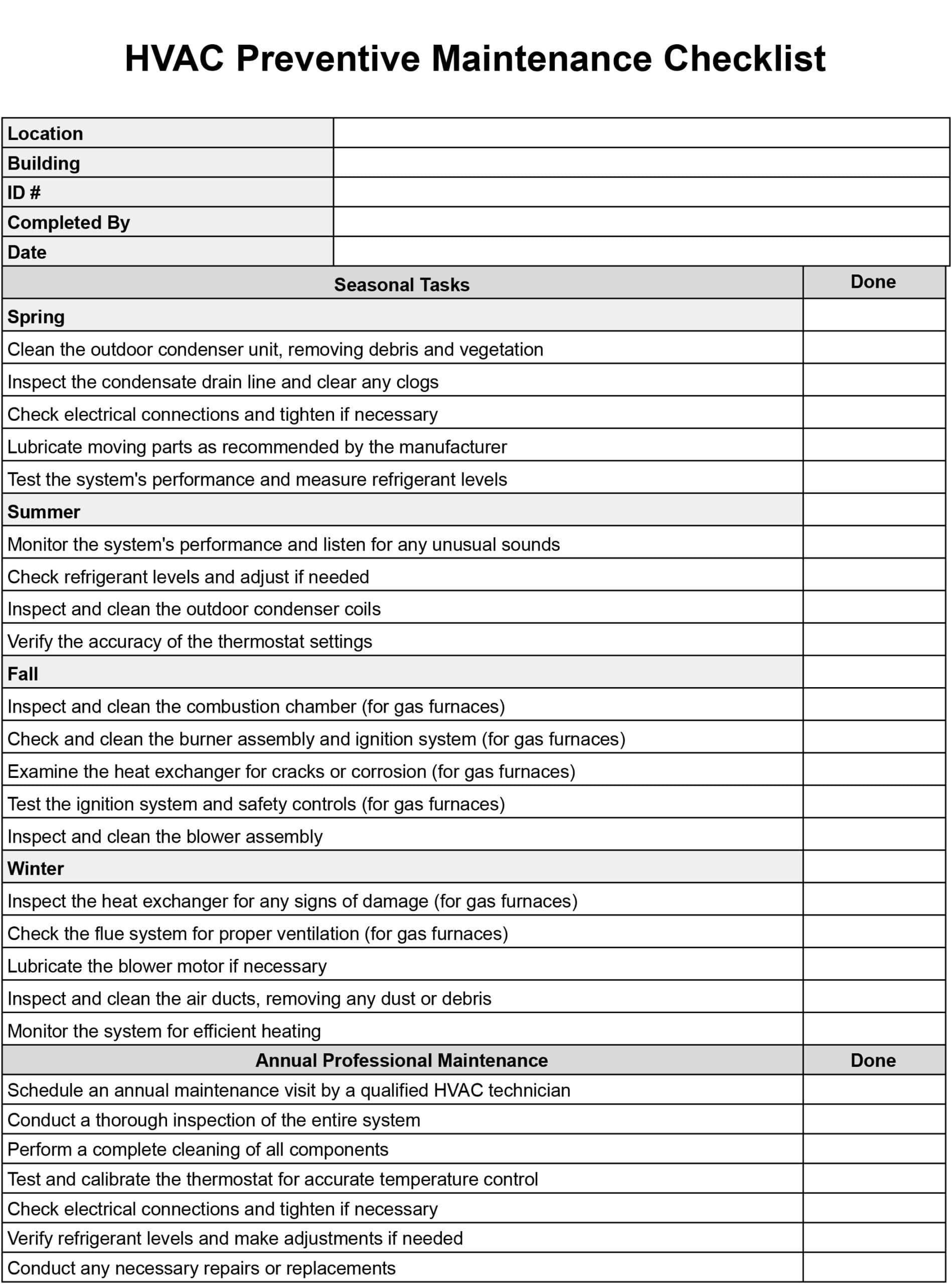 sample maintenance checklist template sample maintenance checklist template