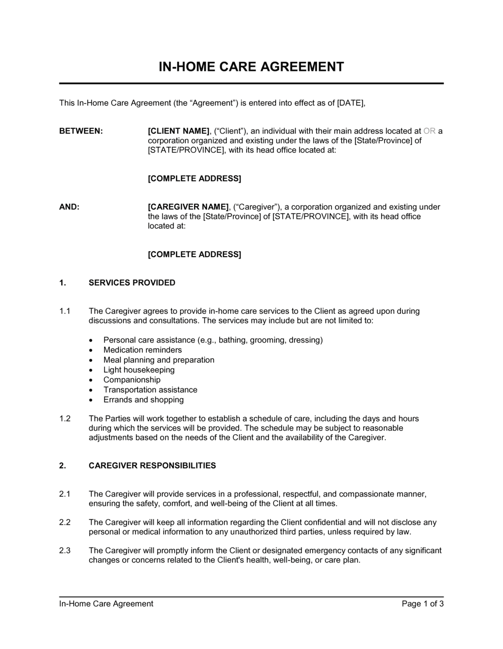 sample caregiver agreement template sample caregiver agreement template