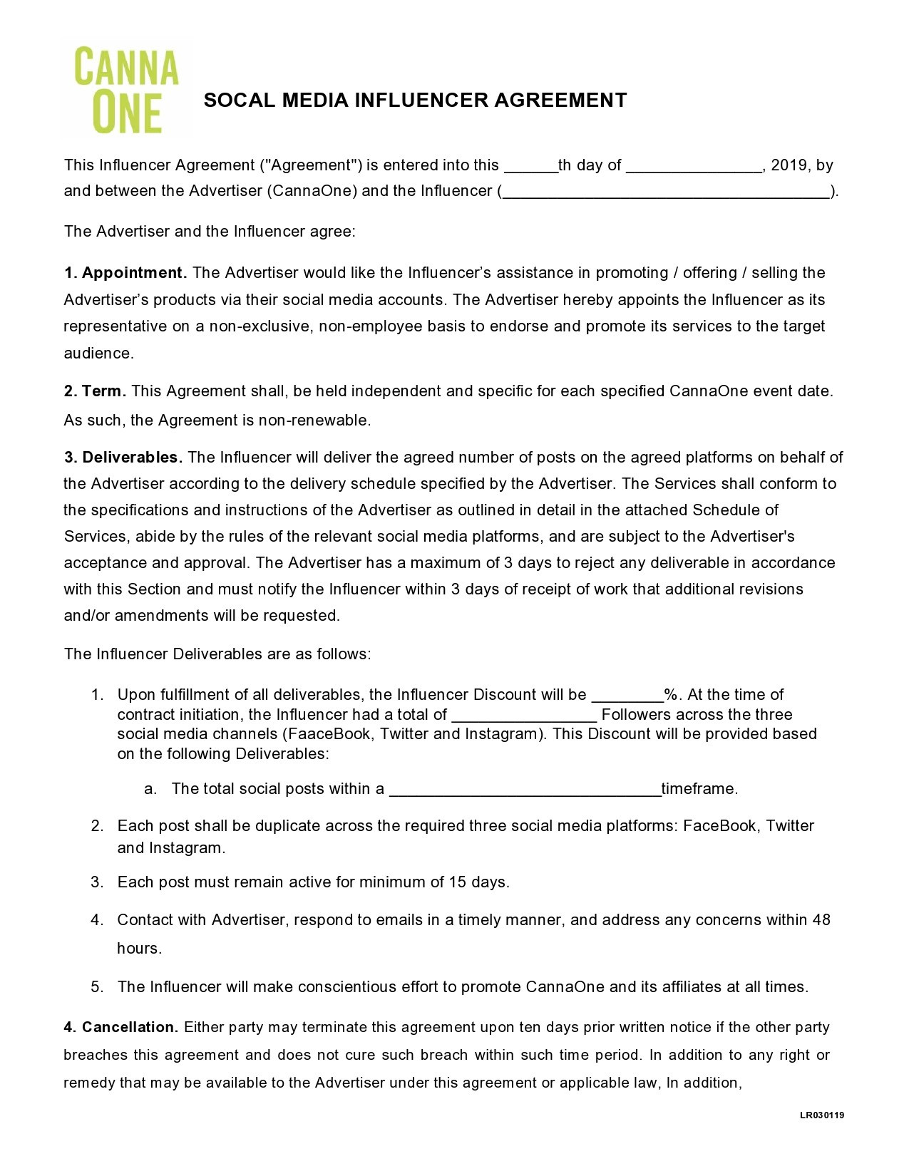 sample influencer agreement template sample influencer agreement template