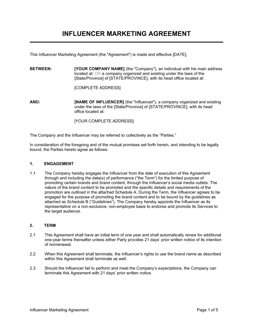 sample influencer agreement template sample influencer agreement template