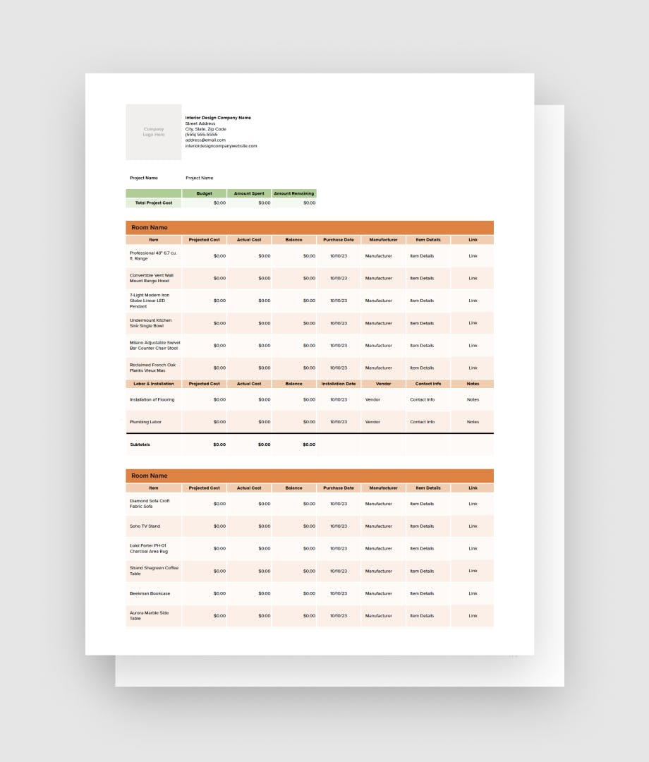sample interior design budget template sample interior design budget template
