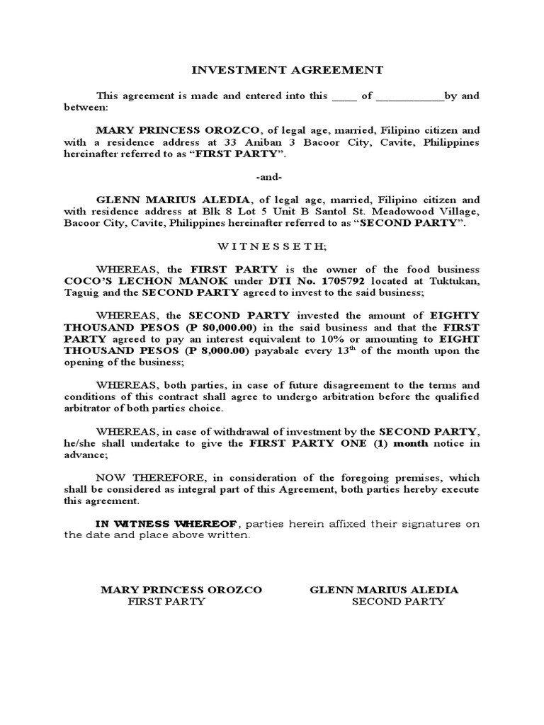 sample investment agreement template sample investment agreement template