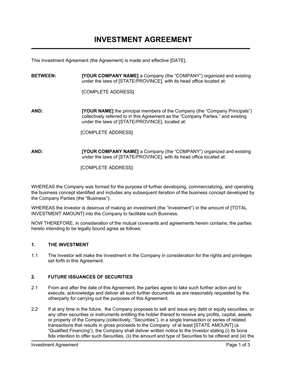 sample investment agreement template sample investment agreement template
