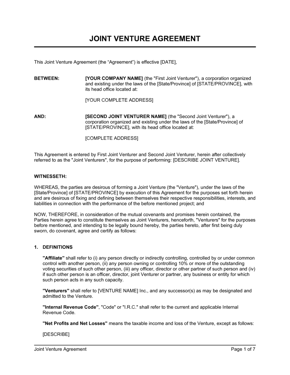 sample joint venture agreement template sample joint venture agreement template